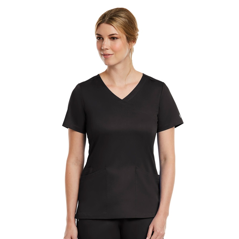 Women's Three-Pocket Curved Mock Wrap Top - 3701 - Black