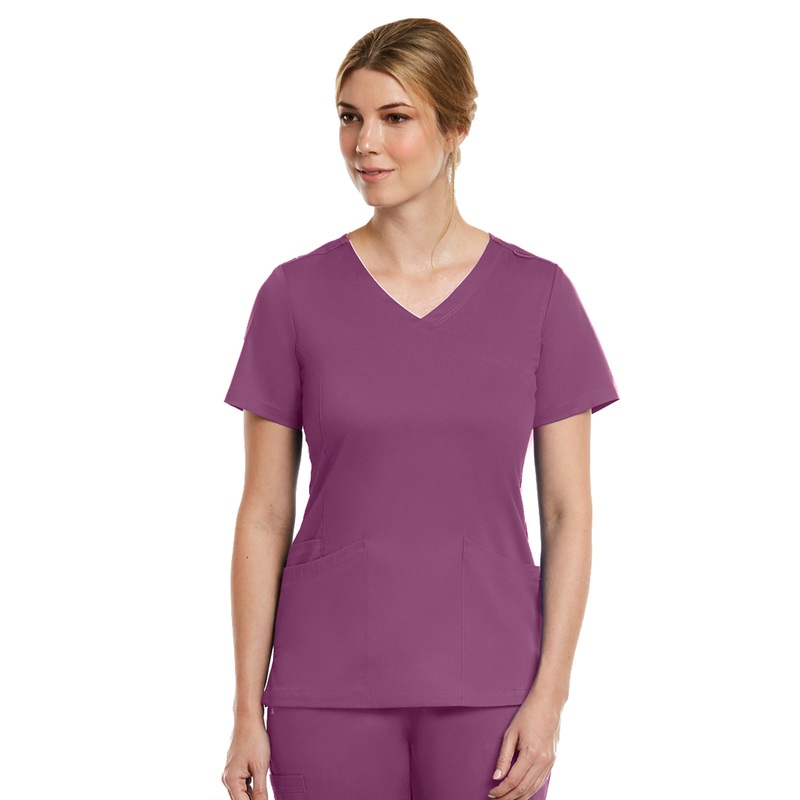 Women's Three-Pocket Curved Mock Wrap Top - 3701 - Dahlia