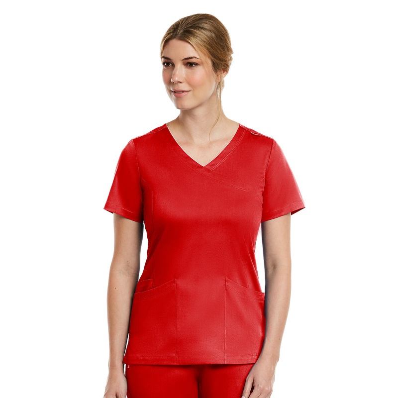 Women's Three-Pocket Curved Mock Wrap Top - 3701 - Red