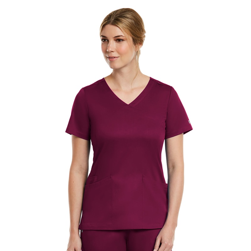 Women's Three-Pocket Curved Mock Wrap Top - 3701 - Wine