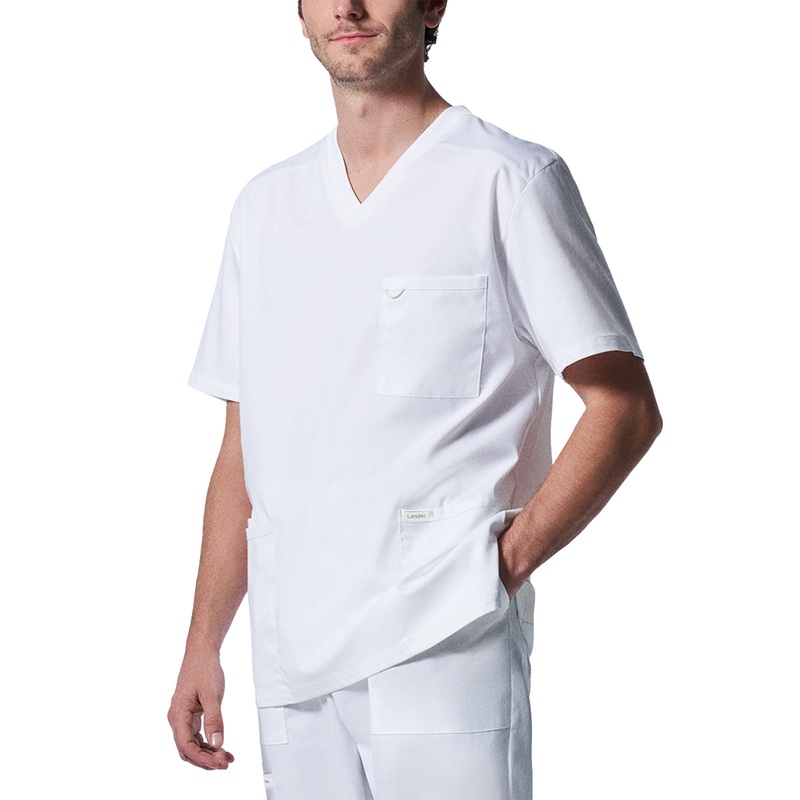Men's 4-Pocket Back Yoke V-Neck Top - LT109 - White