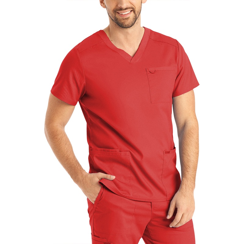 Men's 4-Pocket Back Yoke V-Neck Top - LT109 - True Red