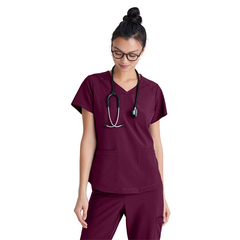 Women's Two-Pocket Piped V-Neck Rhythm Top - GSST180 - Wine
