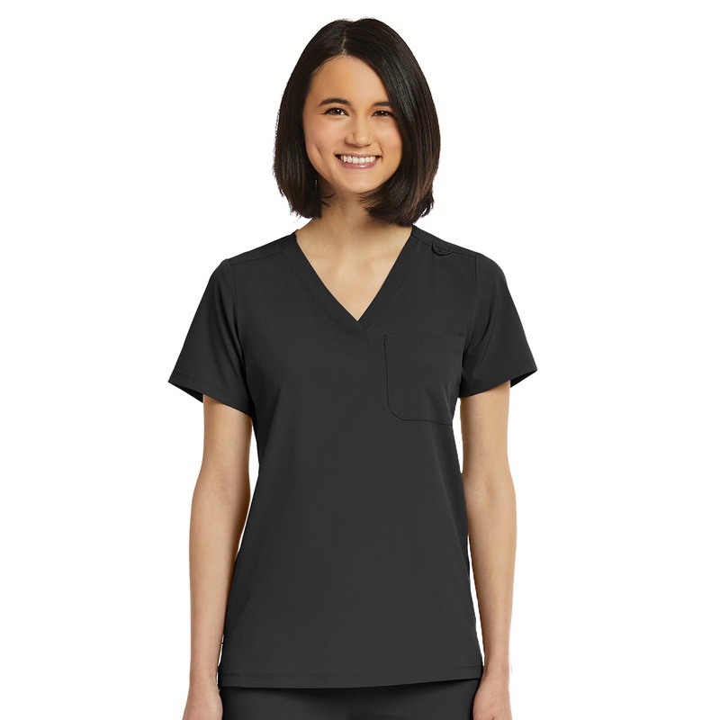 Women's Fitted One-Pocket V-Neck Top - SJ101 - Black