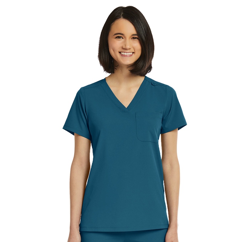 Women's Fitted One-Pocket V-Neck Top - SJ101 - Caribbean