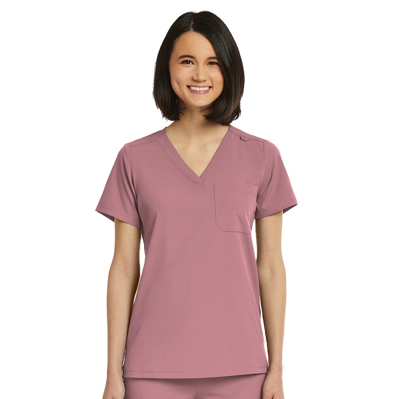 Women's Fitted One-Pocket V-Neck Top - SJ101 - Dusty Rose
