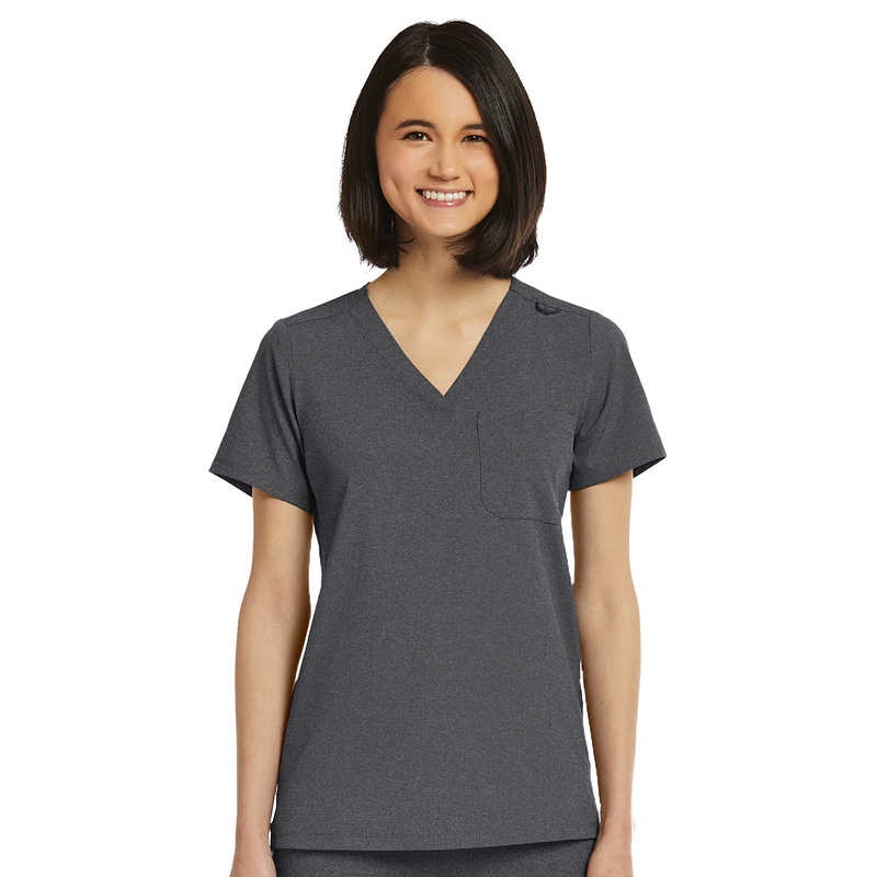 Women's Fitted One-Pocket V-Neck Top - SJ101 - Heather Grey