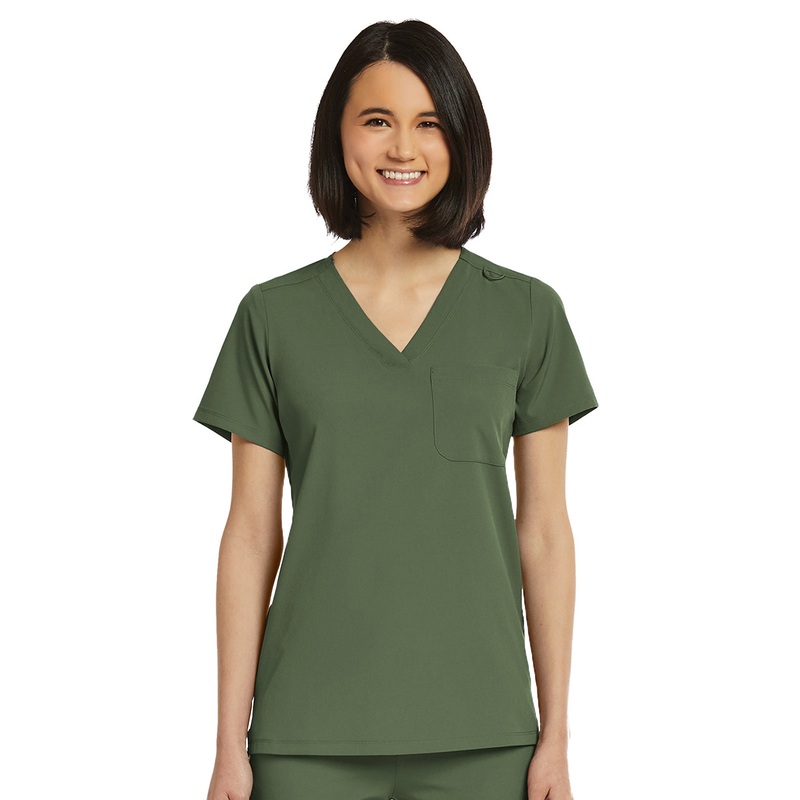 Women's Fitted One-Pocket V-Neck Top - SJ101 - Olive