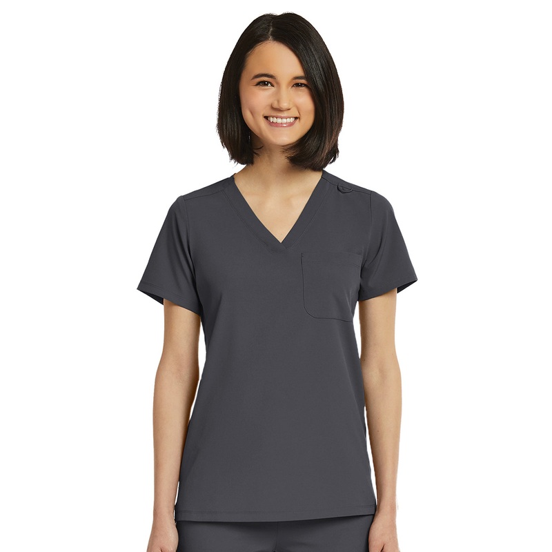 Women's Fitted One-Pocket V-Neck Top - SJ101 - Pewter