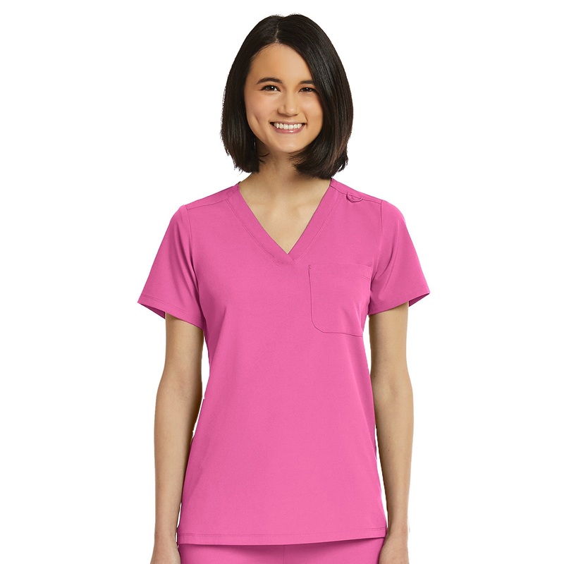 Women's Fitted One-Pocket V-Neck Top - SJ101 - Pink Pop