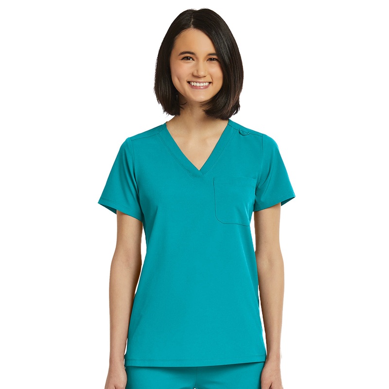 Women's Fitted One-Pocket V-Neck Top - SJ101 - Teal