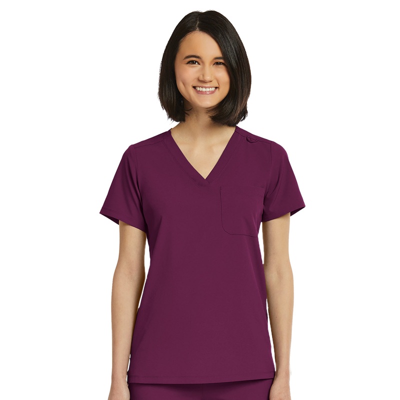 Women's Fitted One-Pocket V-Neck Top - SJ101 - Wine