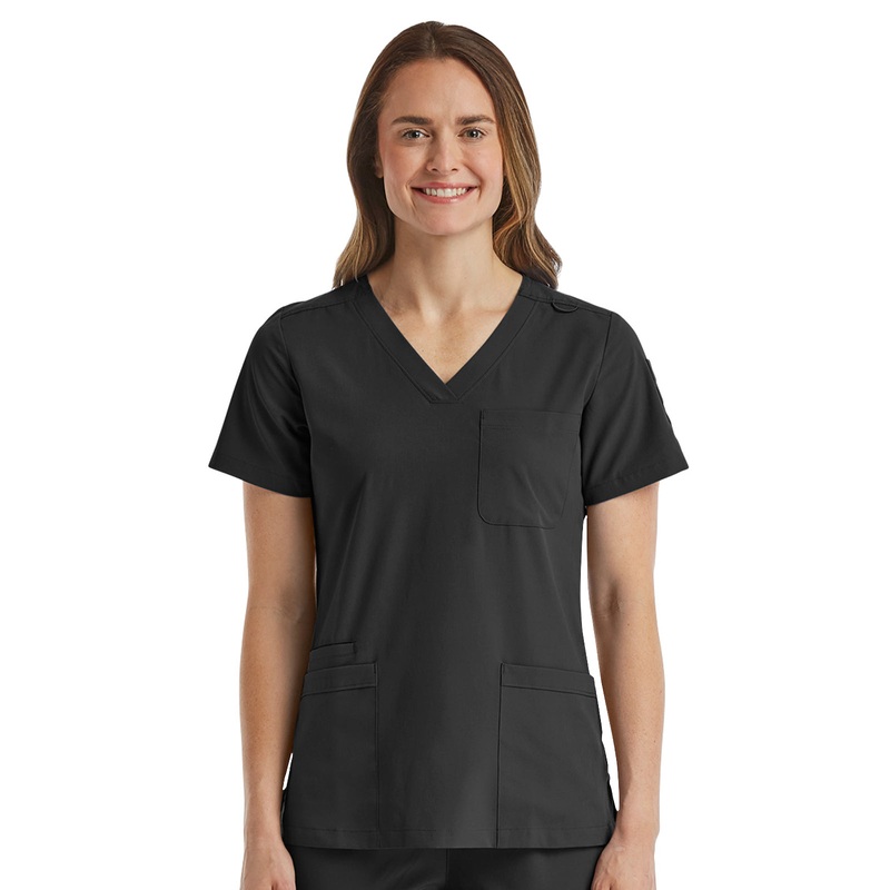 Women's Fitted Six-Pocket V-Neck Top - SJ103 - Black