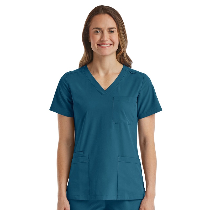 Women's Fitted Six-Pocket V-Neck Top - SJ103 - Caribbean