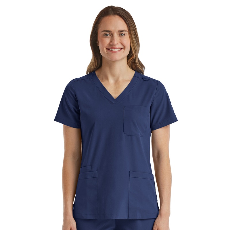Women's Fitted Six-Pocket V-Neck Top - SJ103 - Navy