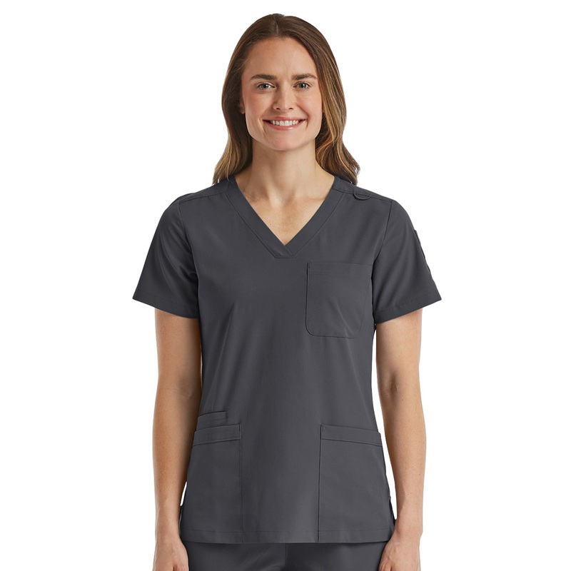 Women's Fitted Six-Pocket V-Neck Top - SJ103 - Pewter