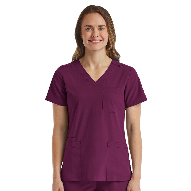 Women's Fitted Six-Pocket V-Neck Top - SJ103 - Wine