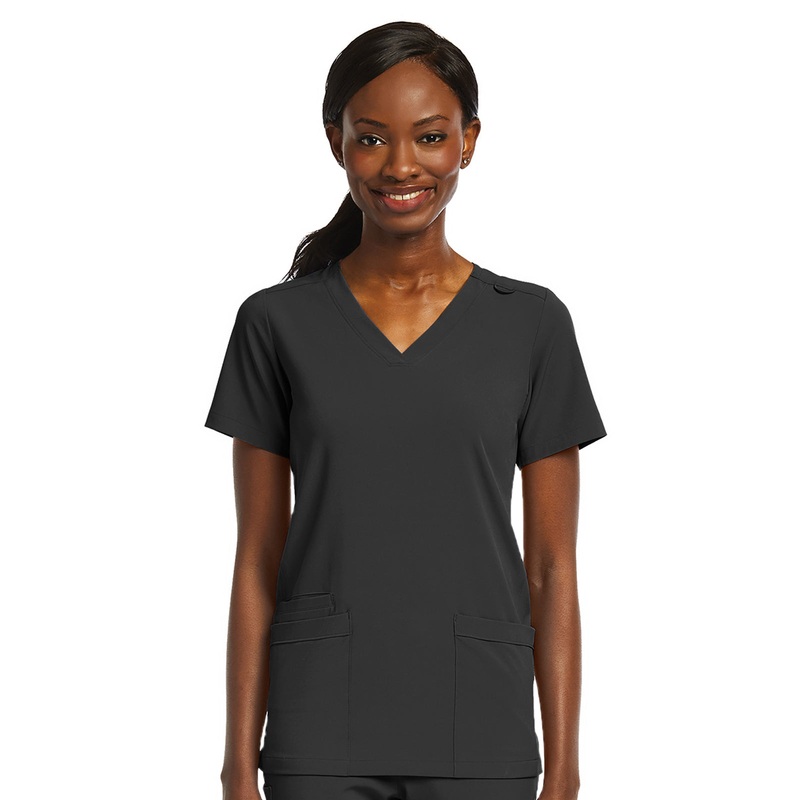 Women's Fitted Two-Pocket V-Neck Top - SJ102 - Black