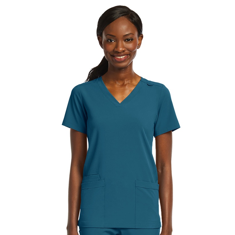 Women's Fitted Two-Pocket V-Neck Top - SJ102 - Caribbean