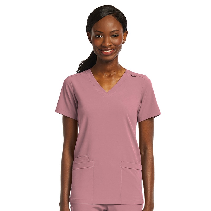 Women's Fitted Two-Pocket V-Neck Top - SJ102 - Dusty Rose