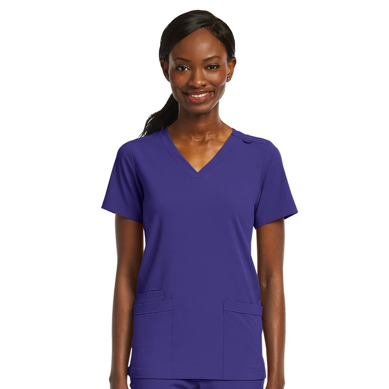 Women's Fitted Two-Pocket V-Neck Top - SJ102 - Grape