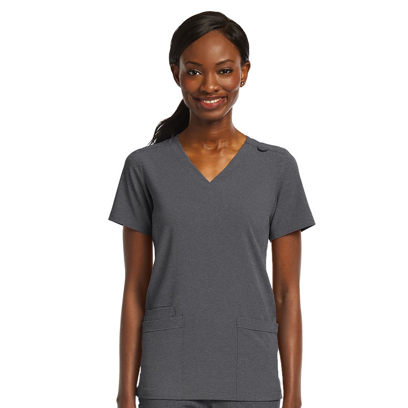 Women's Fitted Two-Pocket V-Neck Top - SJ102 - Heather Grey