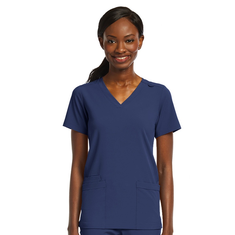 Women's Fitted Two-Pocket V-Neck Top - SJ102 - Navy