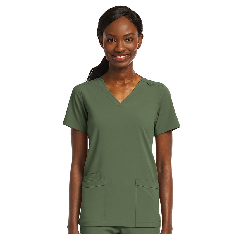 Women's Fitted Two-Pocket V-Neck Top - SJ102 - Olive