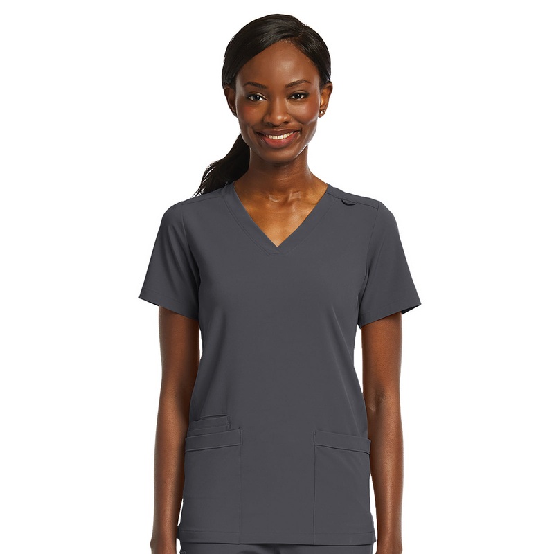 Women's Fitted Two-Pocket V-Neck Top - SJ102 - Pewter