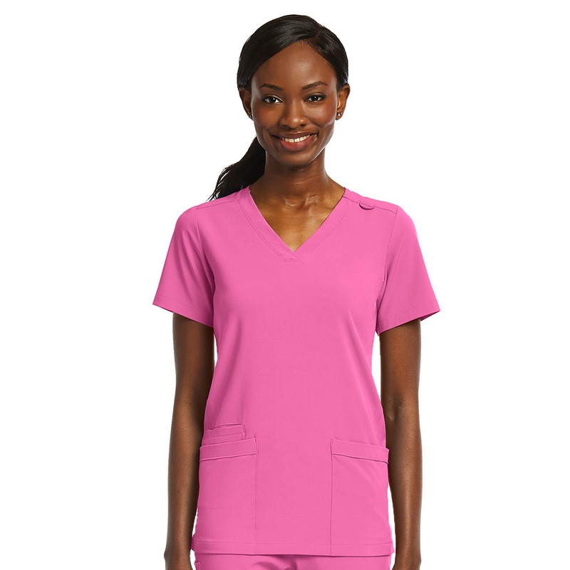 Women's Fitted Two-Pocket V-Neck Top - SJ102 - Pink Pop