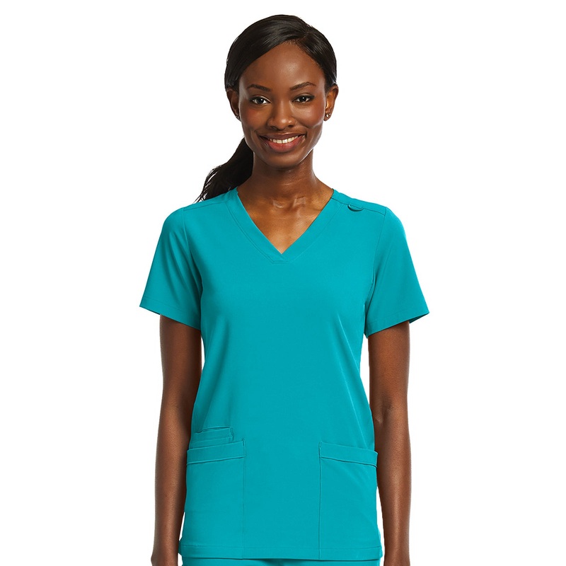 Women's Fitted Two-Pocket V-Neck Top - SJ102 - Teal
