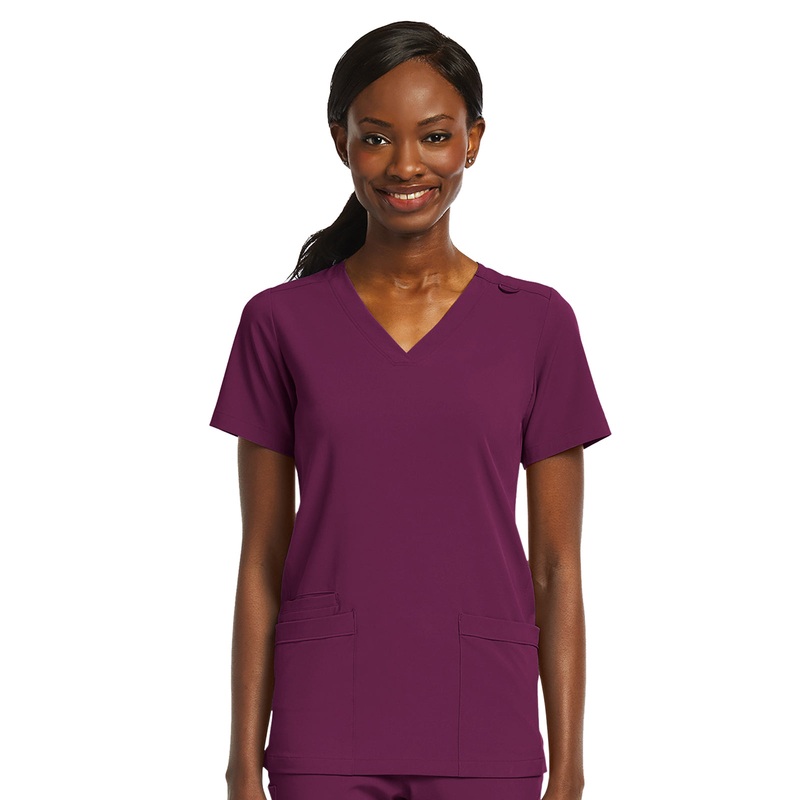 Women's Fitted Two-Pocket V-Neck Top - SJ102 - Wine