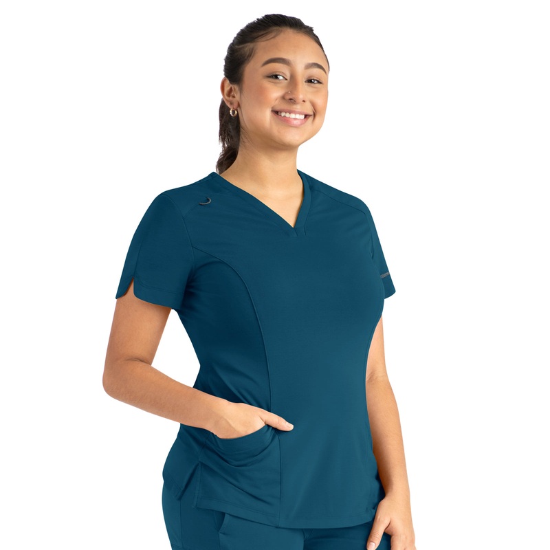 Women's Two-Pocket Tulip-Neck Top - 20302 - Caribbean Blue