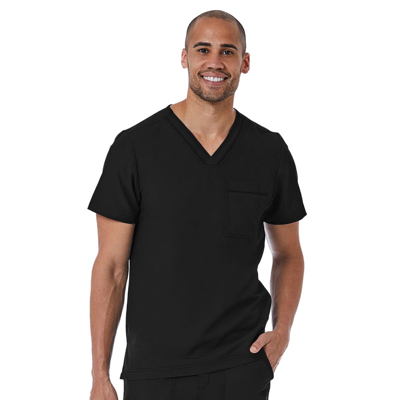 Men's One-Pocket Tuckable Contrast Piping V-Neck  Top - 5901 - Black