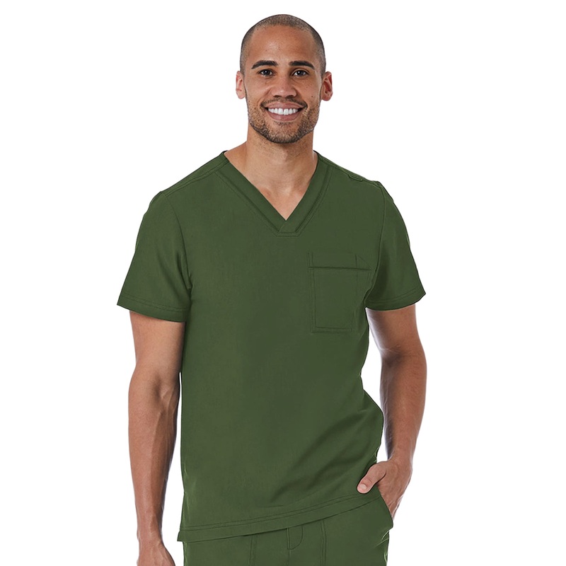 Men's One-Pocket Tuckable Contrast Piping V-Neck  Top - 5901 - Olive