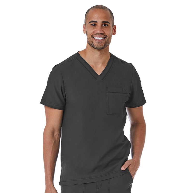 Men's One-Pocket Tuckable Contrast Piping V-Neck  Top - 5901 - Pewter