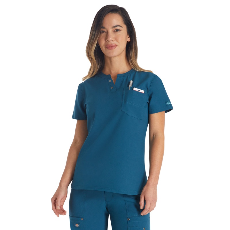 Women's 1-Pocket Henley Top - DK681 - Caribbean Blue