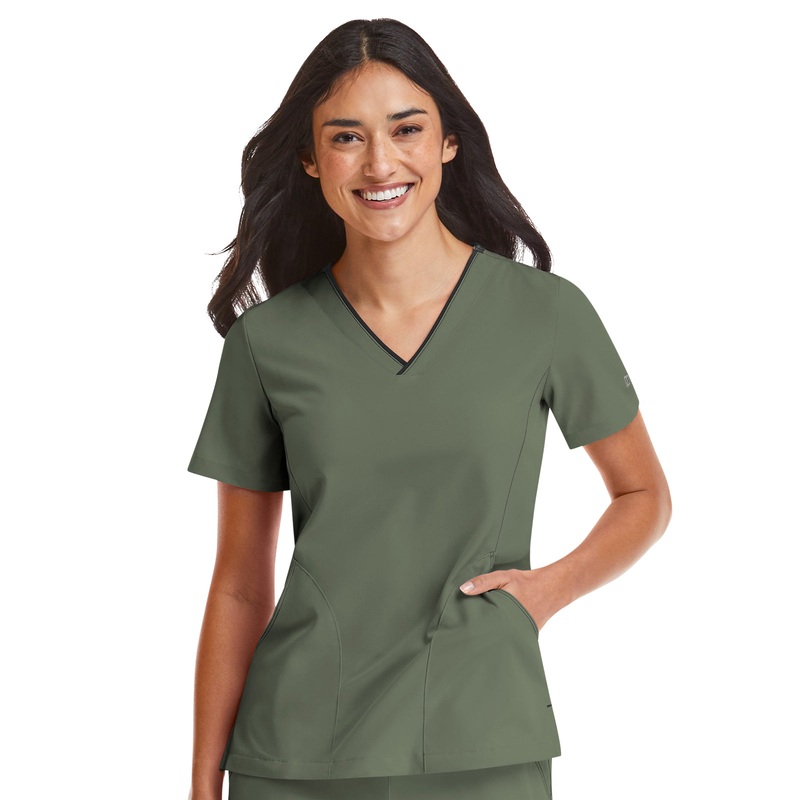 Women's Three-Pocket Contrast Stitching V-Neck Top - 4510 - Olive