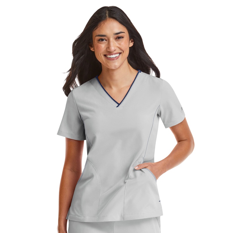 Women's Three-Pocket Contrast Stitching V-Neck Top - 4510 - Quiet Grey
