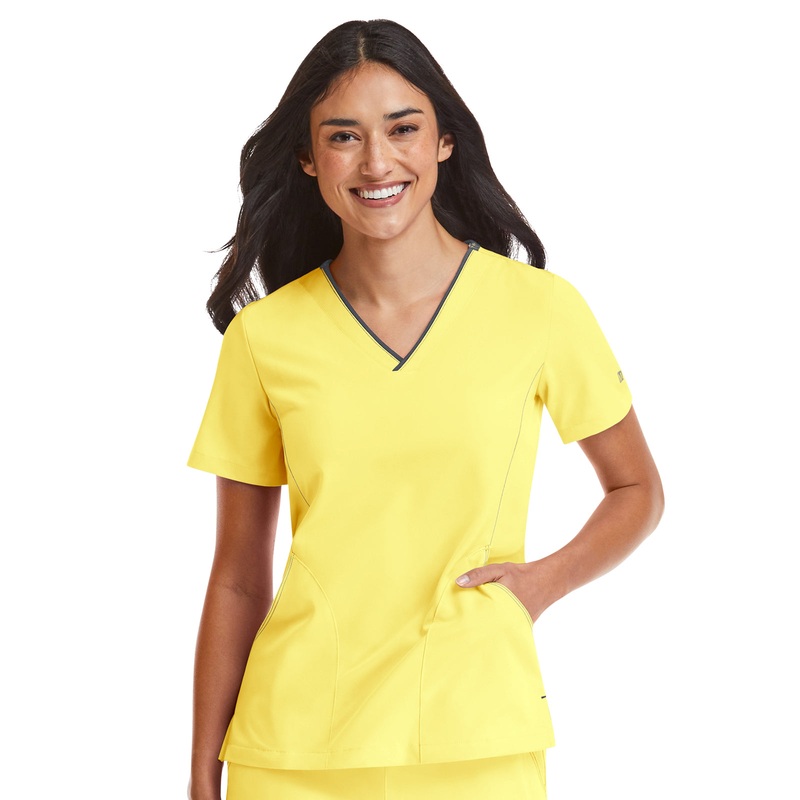 Women's Three-Pocket Contrast Stitching V-Neck Top - 4510 - Sunshine Yellow