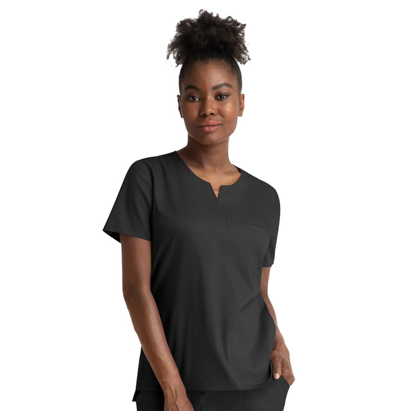 Women's Three-Pocket Notched Crew Neck Top - 3504 - Black