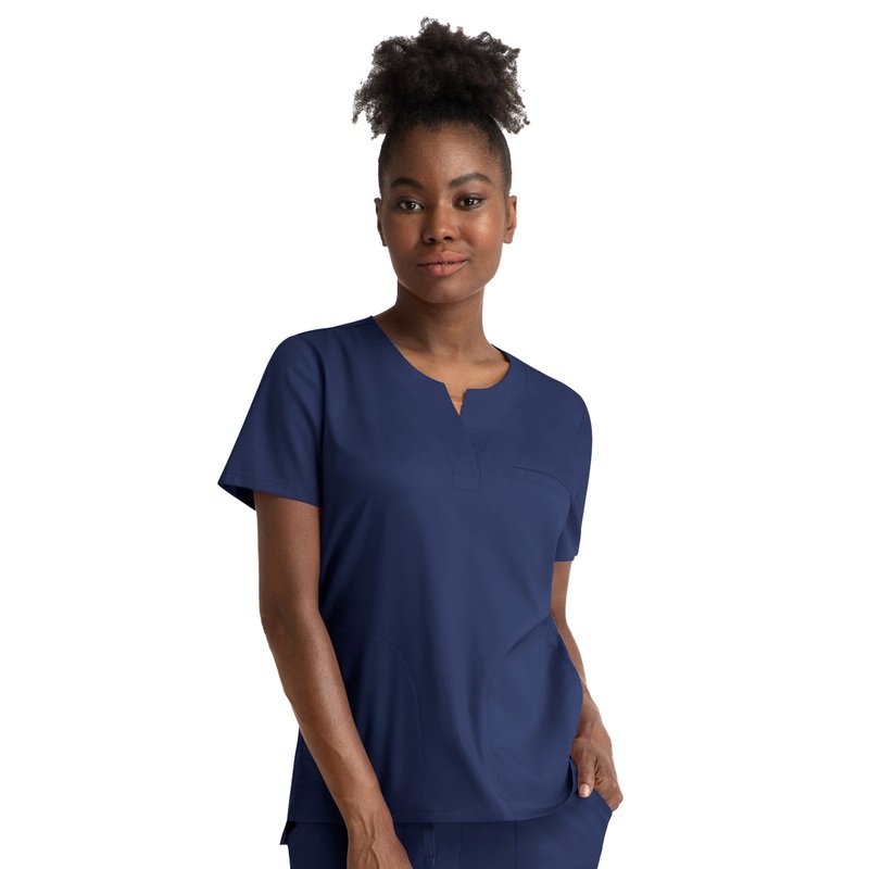 Women's Three-Pocket Notched Crew Neck Top - 3504 - Navy