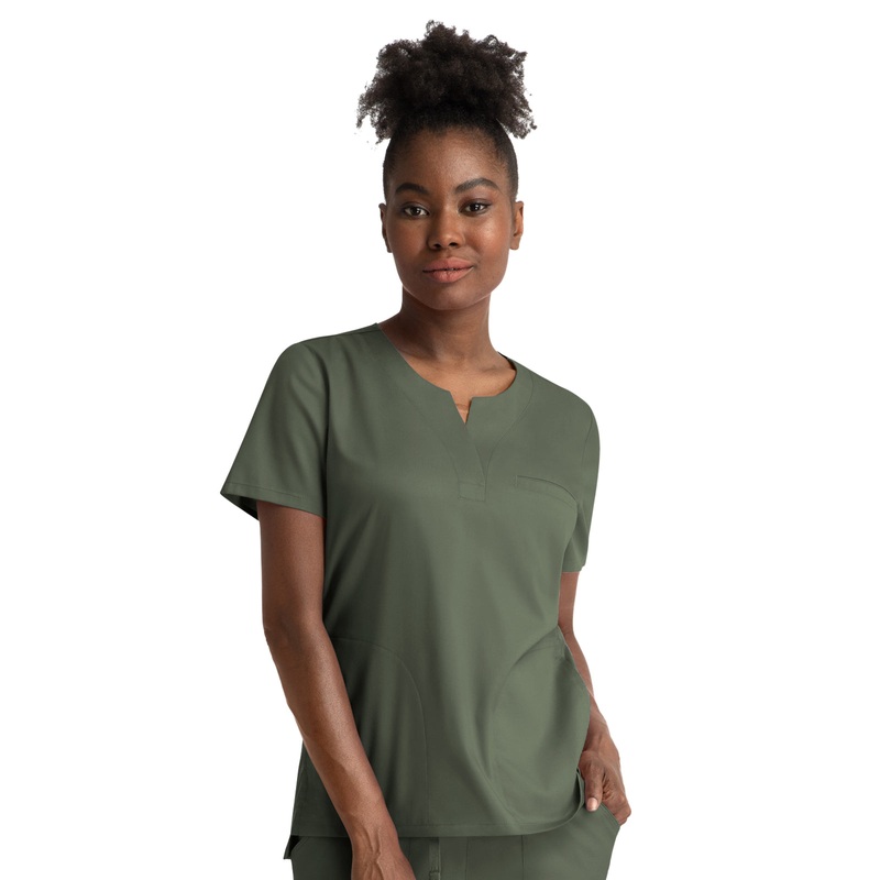 Women's Three-Pocket Notched Crew Neck Top - 3504 - Olive