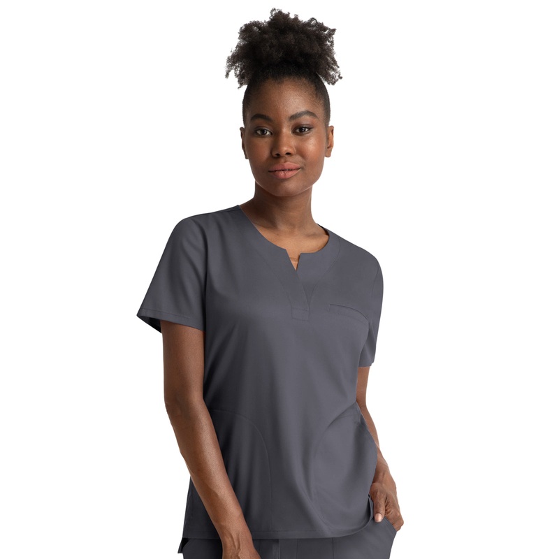 Women's Three-Pocket Notched Crew Neck Top - 3504 - Pewter