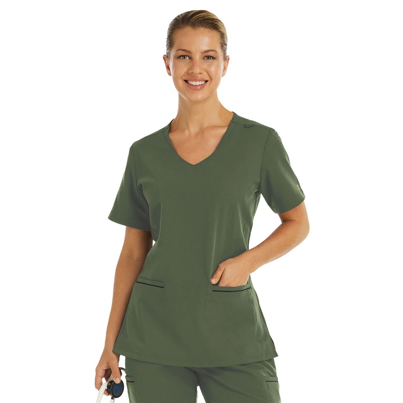 Women's Two-Pocket Knit V-neck Top - 3902 - Olive