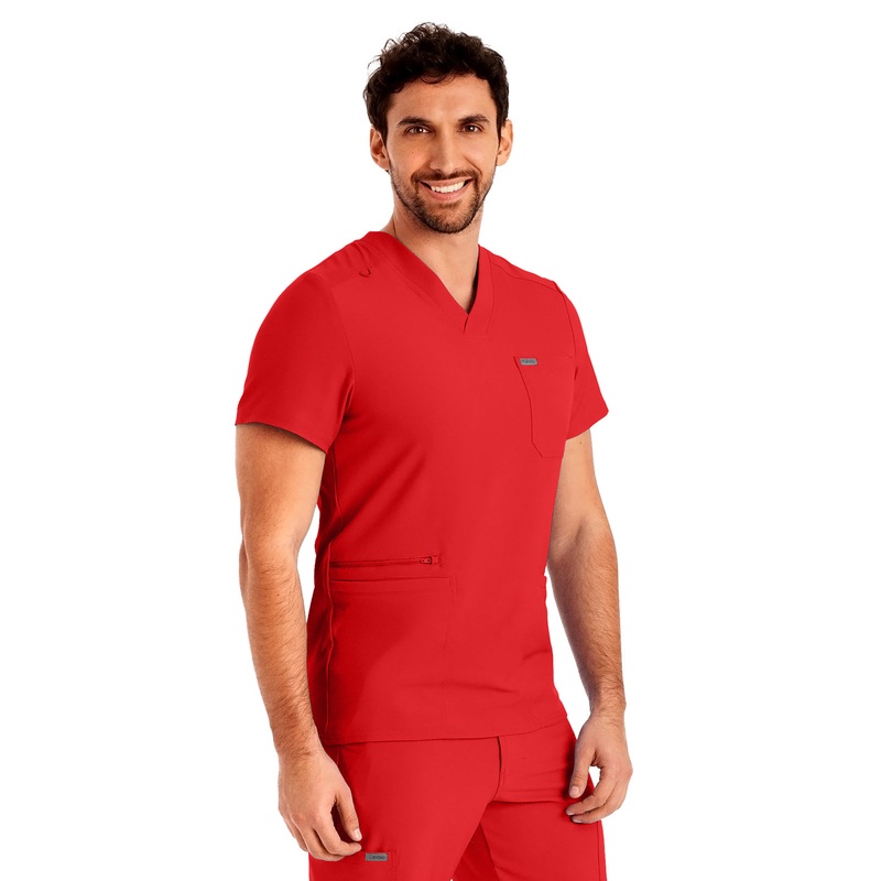 Men's 4-Pocket Back Yoke V-Neck Top - LT110 - Red