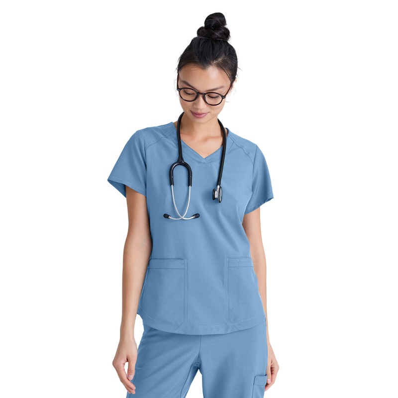 Women's Two-Pocket Piped V-Neck Rhythm Top - GSST180 - Ciel Blue