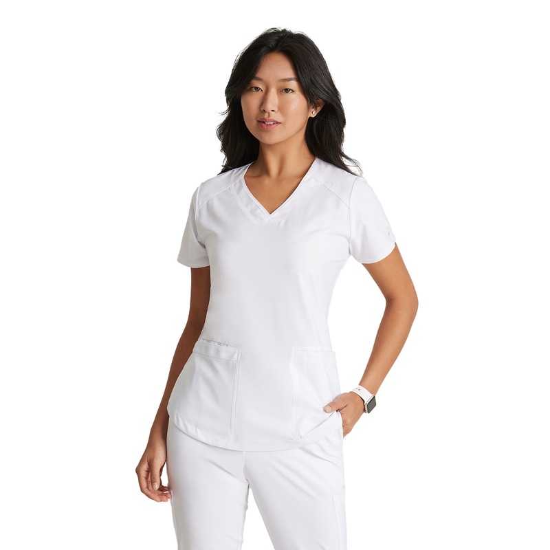 Women's Two-Pocket Piped V-Neck Rhythm Top - GSST180 - White