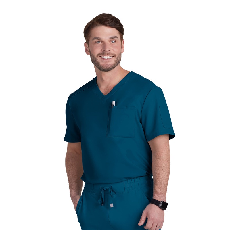 Men's Chest Pocket V-Neck Arthro Top - C650 - Caribbean Blue