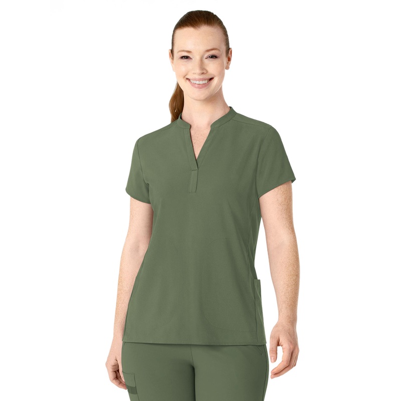 Women's Four-Pocket Mandarin Collar Top - 6734 - Olive